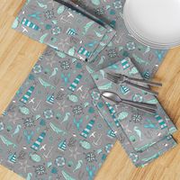 Nautical Doodle with whale,lighthouse,Anchor Mint Aqua Blue on Dark Grey