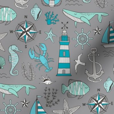 Nautical Doodle with whale,lighthouse,Anchor Mint Aqua Blue on Dark Grey