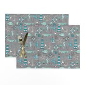 Nautical Doodle with whale,lighthouse,Anchor Mint Aqua Blue on Dark Grey