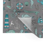 Nautical Doodle with whale,lighthouse,Anchor Mint Aqua Blue on Dark Grey