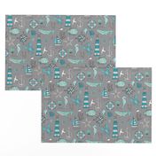 Nautical Doodle with whale,lighthouse,Anchor Mint Aqua Blue on Dark Grey