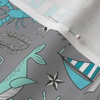 Nautical Doodle with whale,lighthouse,Anchor Mint Aqua Blue on Dark Grey