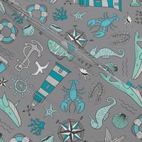 Nautical Doodle with whale,lighthouse,Anchor Mint Aqua Blue on Dark Grey