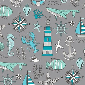 Nautical Doodle with whale,lighthouse,Anchor Mint Aqua Blue on Dark Grey