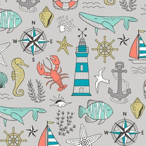 Nautical Doodle with whale,lighthouse,Anchor on Light Grey