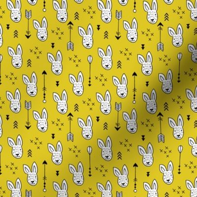 Cool white bunny and geometric arrows spring easter design in gender neutral mustard yellow XS