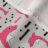 Cute kids dolphin design scandinavian style drawing with geometric crosses and water waves bright pink XS