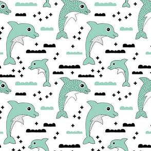 Cute kids dolphin design scandinavian style drawing with geometric crosses and water waves mint XS
