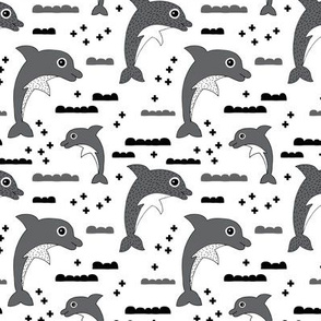 Cute kids dolphin design scandinavian style drawing with geometric crosses and water waves black and white gray XS