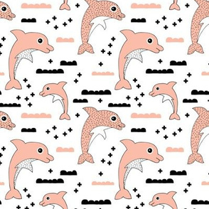 Cute kids dolphin design scandinavian style drawing with geometric crosses and water waves soft pink XS