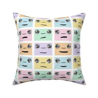 yellow, green, blue, pink pastel faces in retro Kawaii design