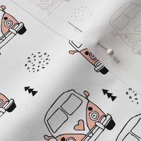Cool vintage happy camper hippie bus geometric scandinavian illustration design for kids pink