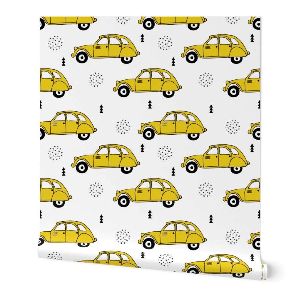 Cool vintage oldtimer cars paris collection geometric scandinavian illustration design for kids mustard yellow