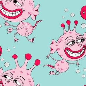 #SFDesignADay Kawaii Sea Monkeys in love, large scale, pink red mint aqua green blue turquoise