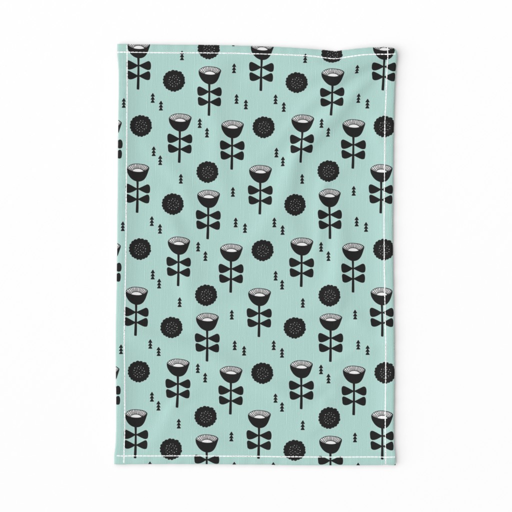 Scandinavian retro poppy flowers summer abstract poppy floral black and white mint