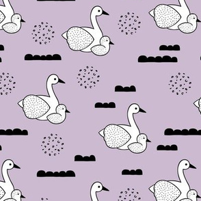 Geometric Scandinavian style spring swan birds mother and baby violet