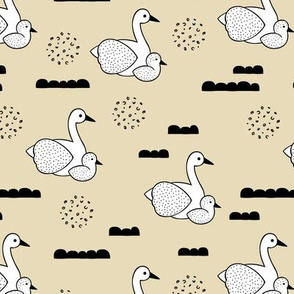 Geometric Scandinavian style spring swan birds mother and baby pastel yellow