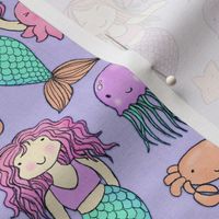 Cute Kawaii Mermaids and Sea Creatures on Purple