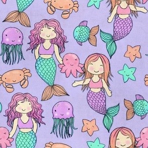 Cute Kawaii Mermaids and Sea Creatures on Purple