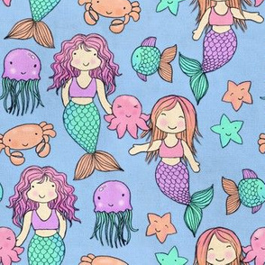 Cute Kawaii Mermaids and Sea Creatures on Blue