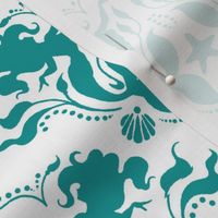 Mermaid Damask Teal/White