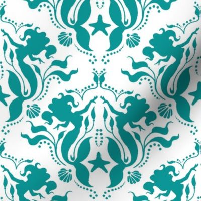 Mermaid Damask Teal/White