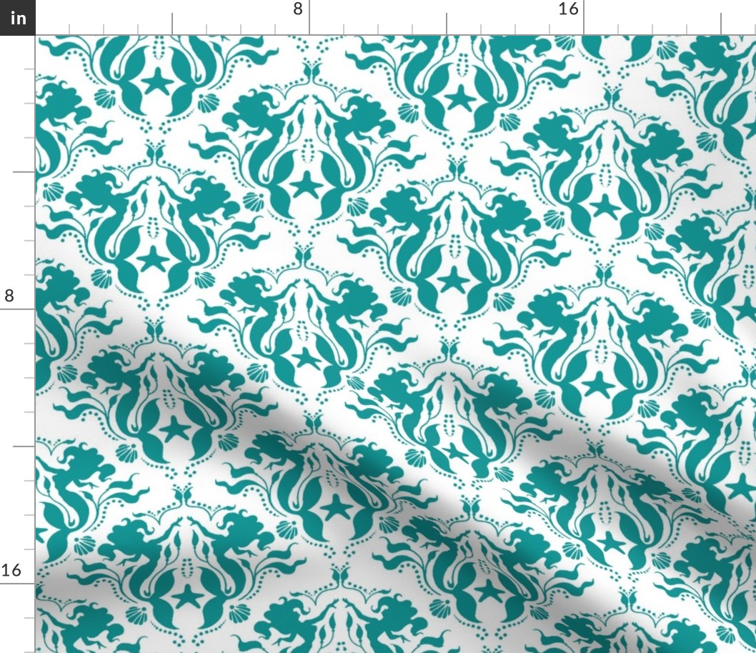 Mermaid Damask Teal/White