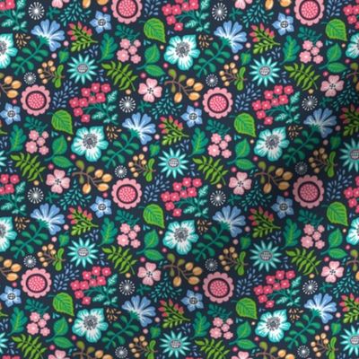 Bohemian Botanical Flowers Floral on Navy Small Tiny