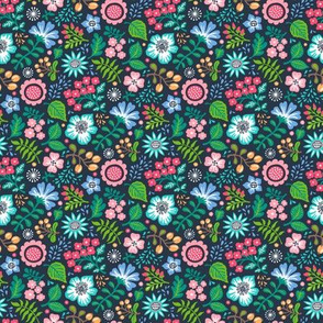 Bohemian Botanical Flowers Floral on Navy Small Tiny