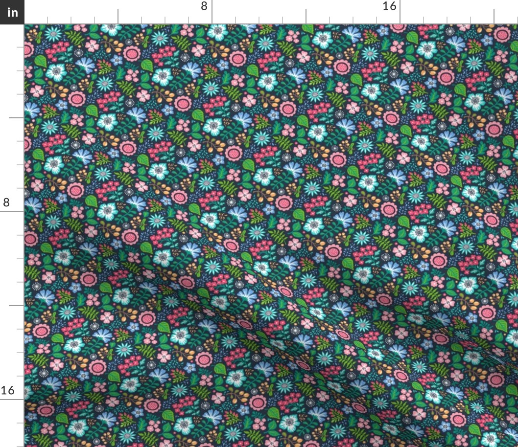 Bohemian Botanical Flowers Floral on Navy Small Tiny