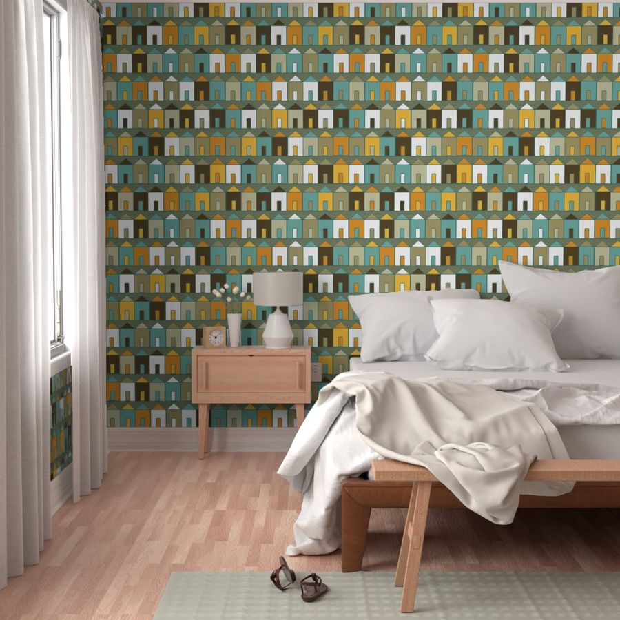 Beach Huts - Teal & Mustard