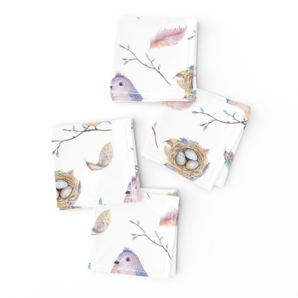 Watercolor feather boho color organic design with branches, birds and nests