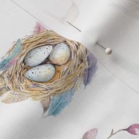 Watercolor feather boho color organic design with branches, birds and nests