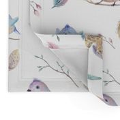 Watercolor feather boho color organic design with branches, birds and nests