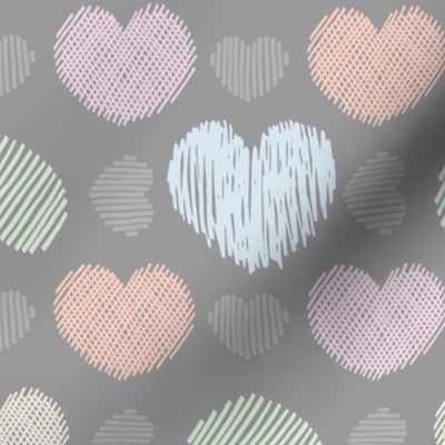 Doodle hearts on grey background