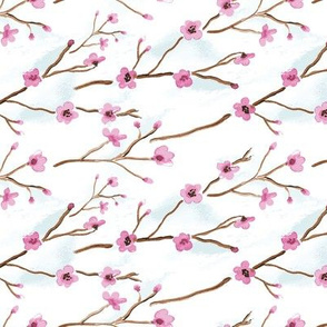 16-08h Cherry Tree branch Blossom Flower Watercolor || Japan Japanese Asian Clouds Pink Blue White _Miss Chiff Designs