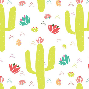 Green Cacti and Desert Flowers
