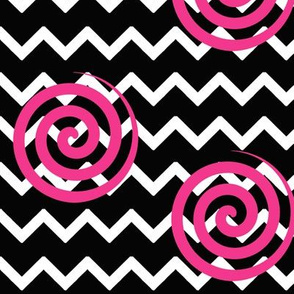 Black Chevron Hot Pink Spiral Swirl 