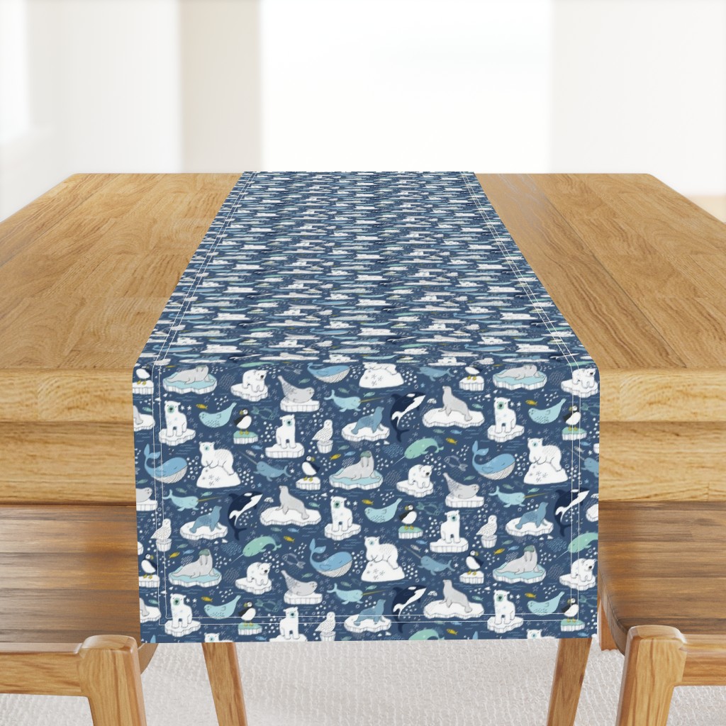 Arctic Animal Icebergs - blue and mustard  - Medium-Small