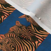 Loving African Zebras in tan/peach and black with blue background