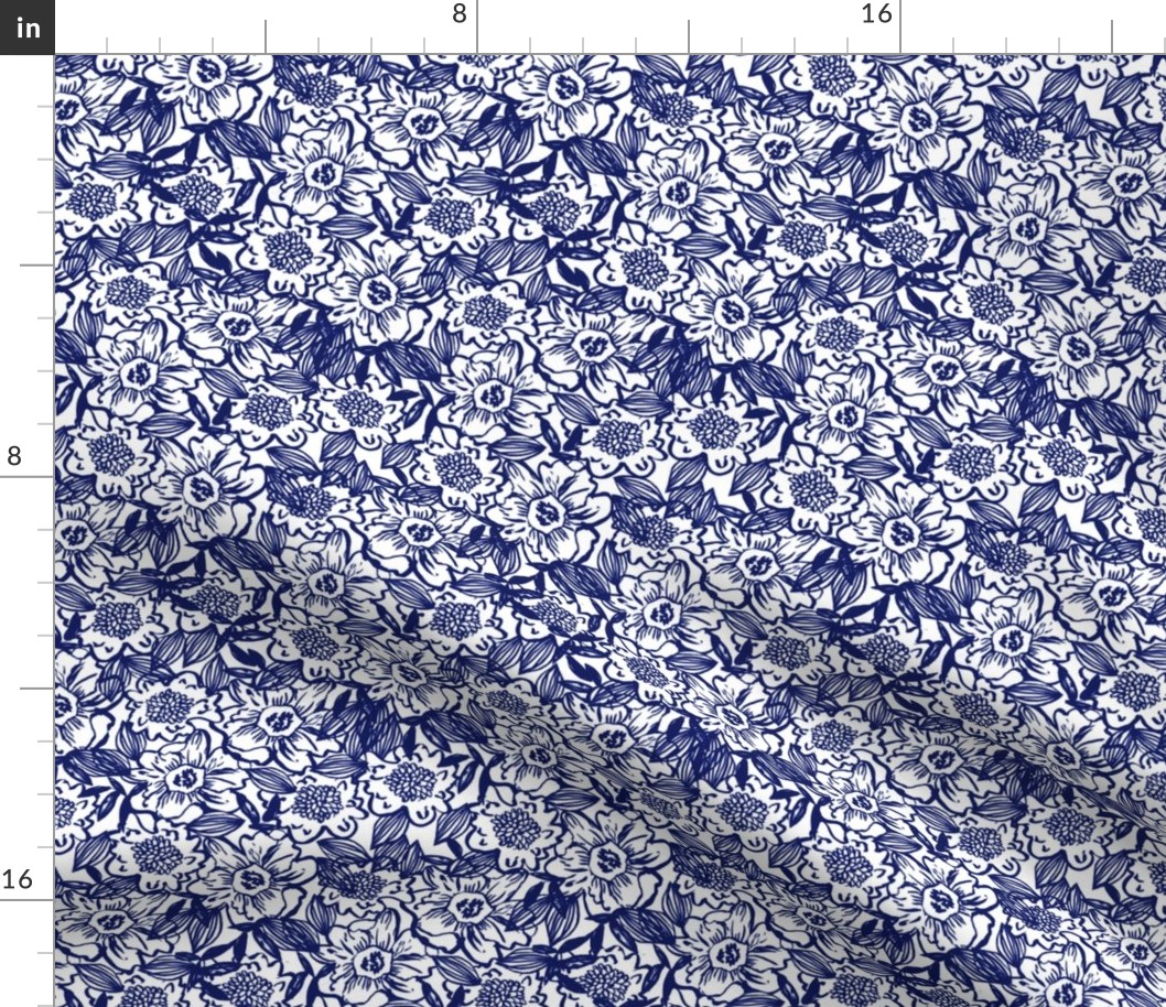 floral painted flowers spring flowers vintage indigo dye home decor summer dark navy blue dress fabric