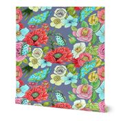 Watercolor Flowers & Butterflies in mid grey or Floral Joy