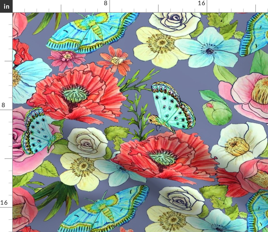 Watercolor Flowers & Butterflies in mid grey or Floral Joy