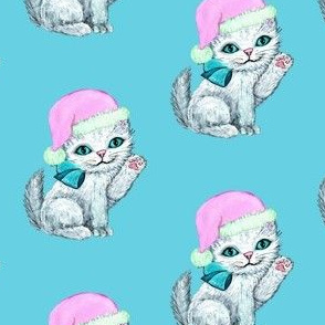 Santa kitten, Christmas cat, pink christmas, kitten vintage retro kitsch whimsical kittens white