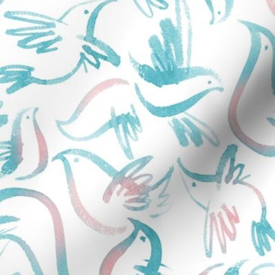 Watercolor birds in tender pink and blue