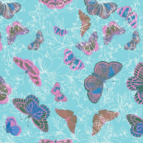 Butterflies and Flowers - Pinks and Blue and Green on white and aqua background