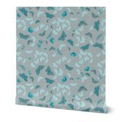 Butterflies and Flowers - Bluey-Green on Grey