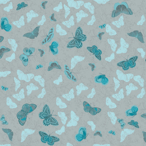 Butterflies and Flowers - Bluey-Green on Grey