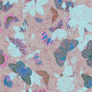 Butterflies and Roses - Pinks and Blues on Brown
