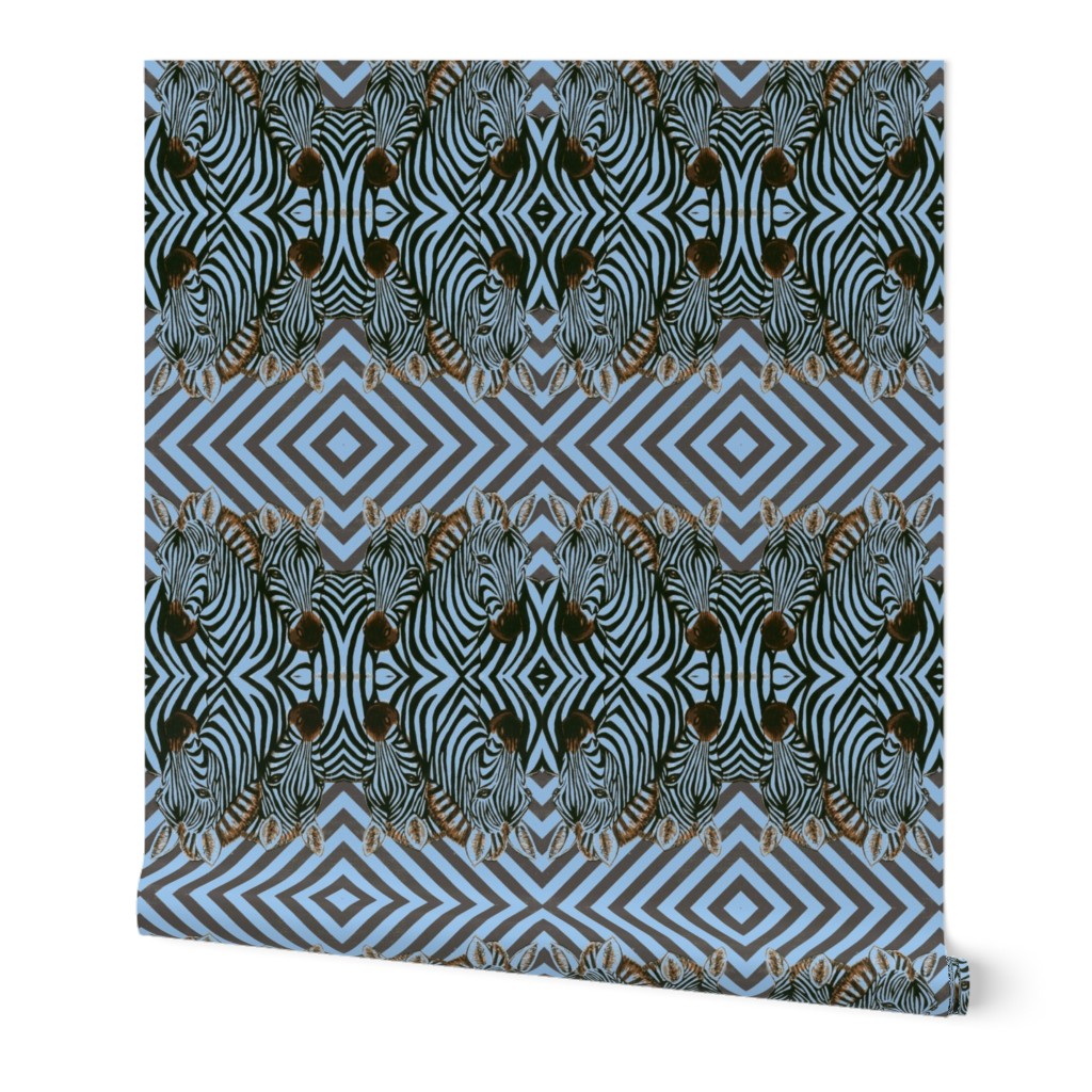 Mirrored African Zebras in blue   and black  with diamond background